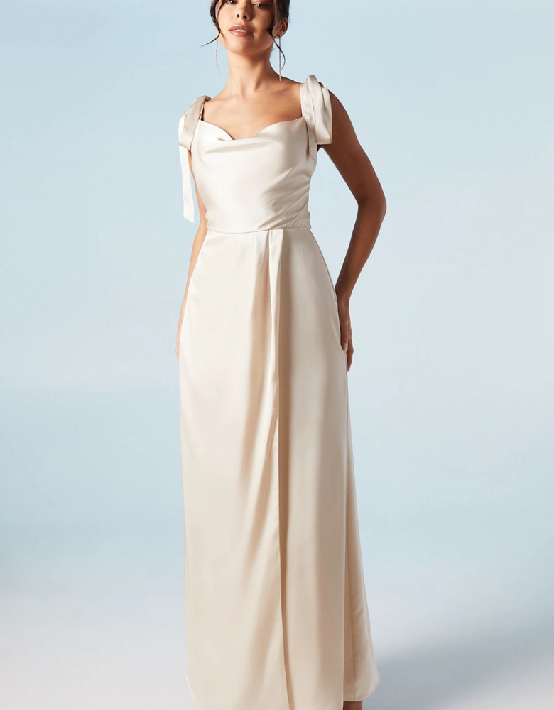 Tie Strap Cowl Neck A Line Bridesmaids Maxi Dress