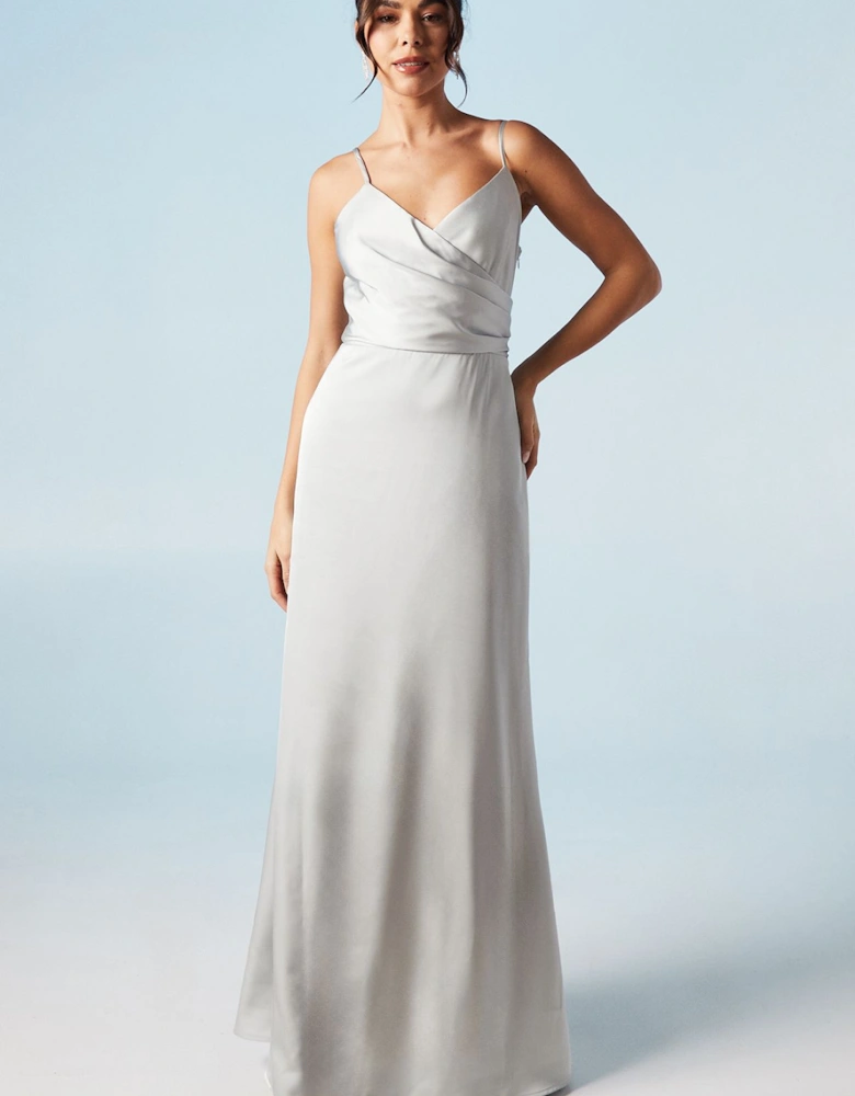 Cami Wrap Twist Back Satin Bridesmaids Maxi Dress