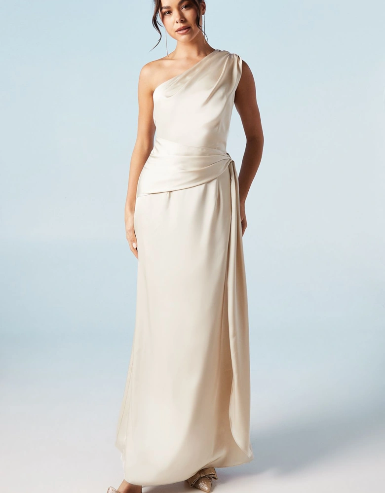 One Shoulder Sash Detail Satin Bridesmaids Maxi Dress