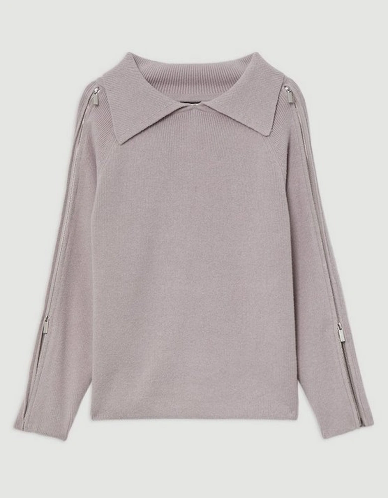 Compact Wool Look Zip Detail Fly Collar Jumper