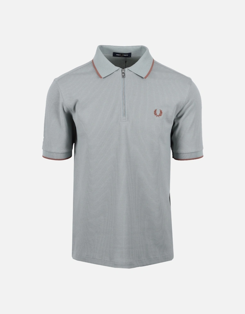 Textured Zip Neck Polo Silver Blue