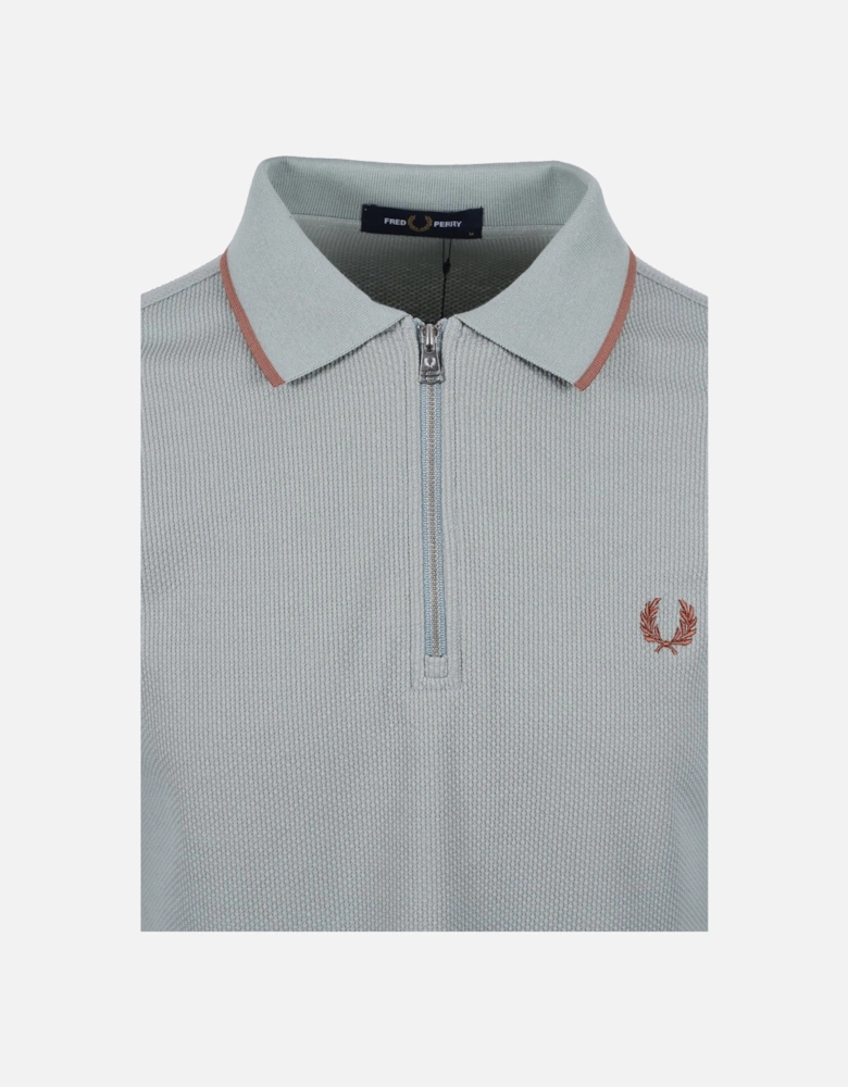 Textured Zip Neck Polo Silver Blue