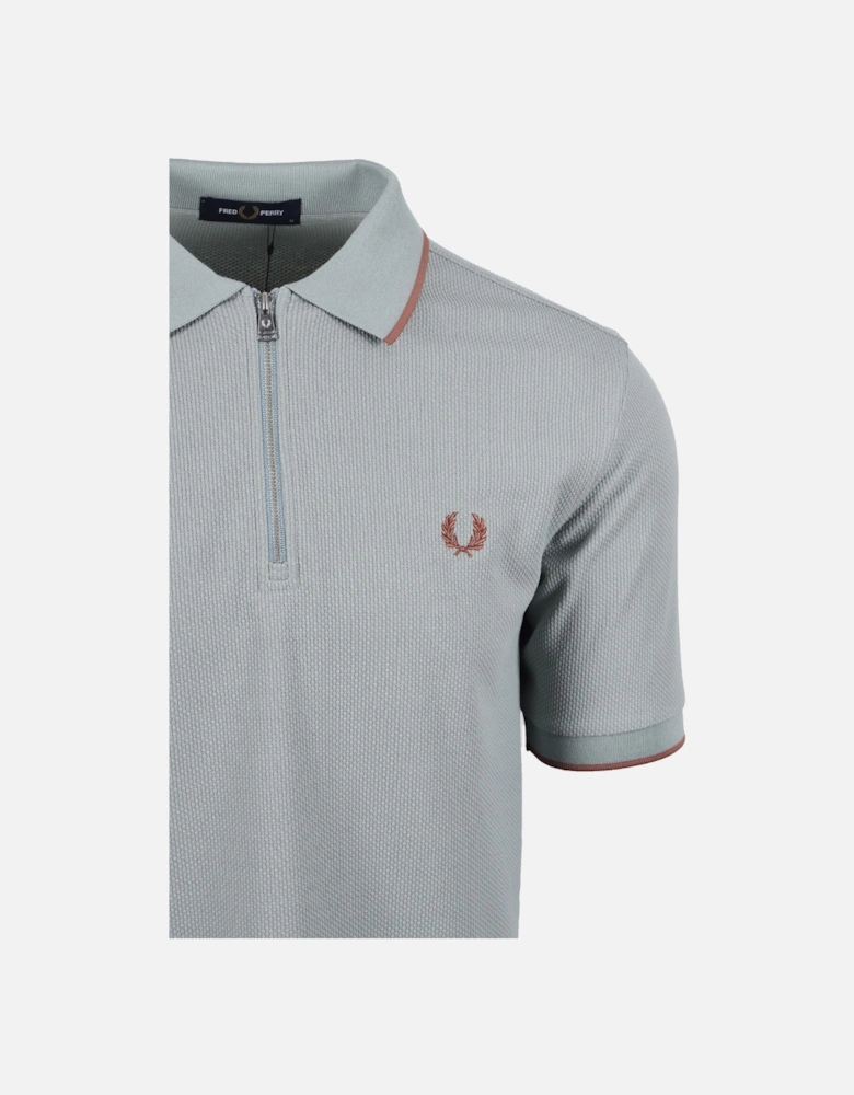 Textured Zip Neck Polo Silver Blue