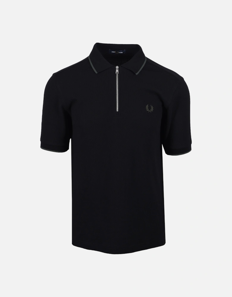 Textured Zip Neck Polo Black