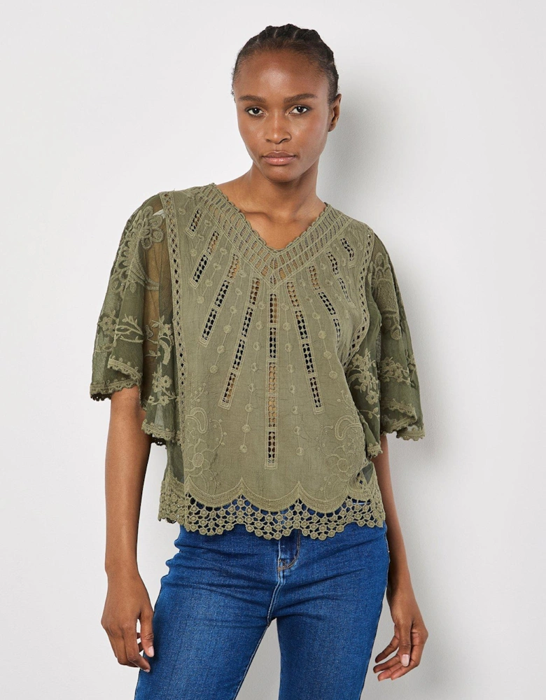 Lace Detail Embroidered Mesh Top - Khaki