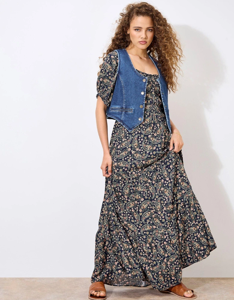 Floral Paisley Tiered Maxi Dress - Navy