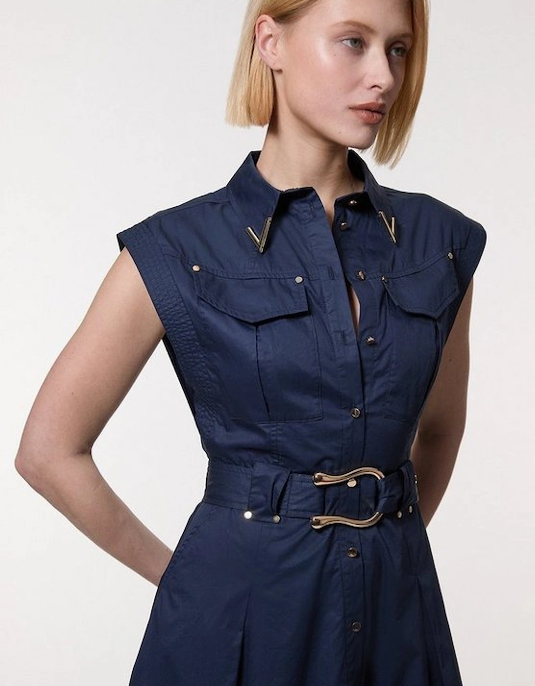 Cotton Sateen Utility Top Stitch Detail Belted Woven Dress