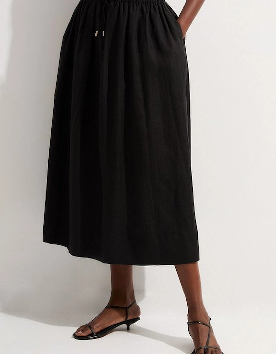 Viscose Linen Tie Waist Woven Full Midi Skirt