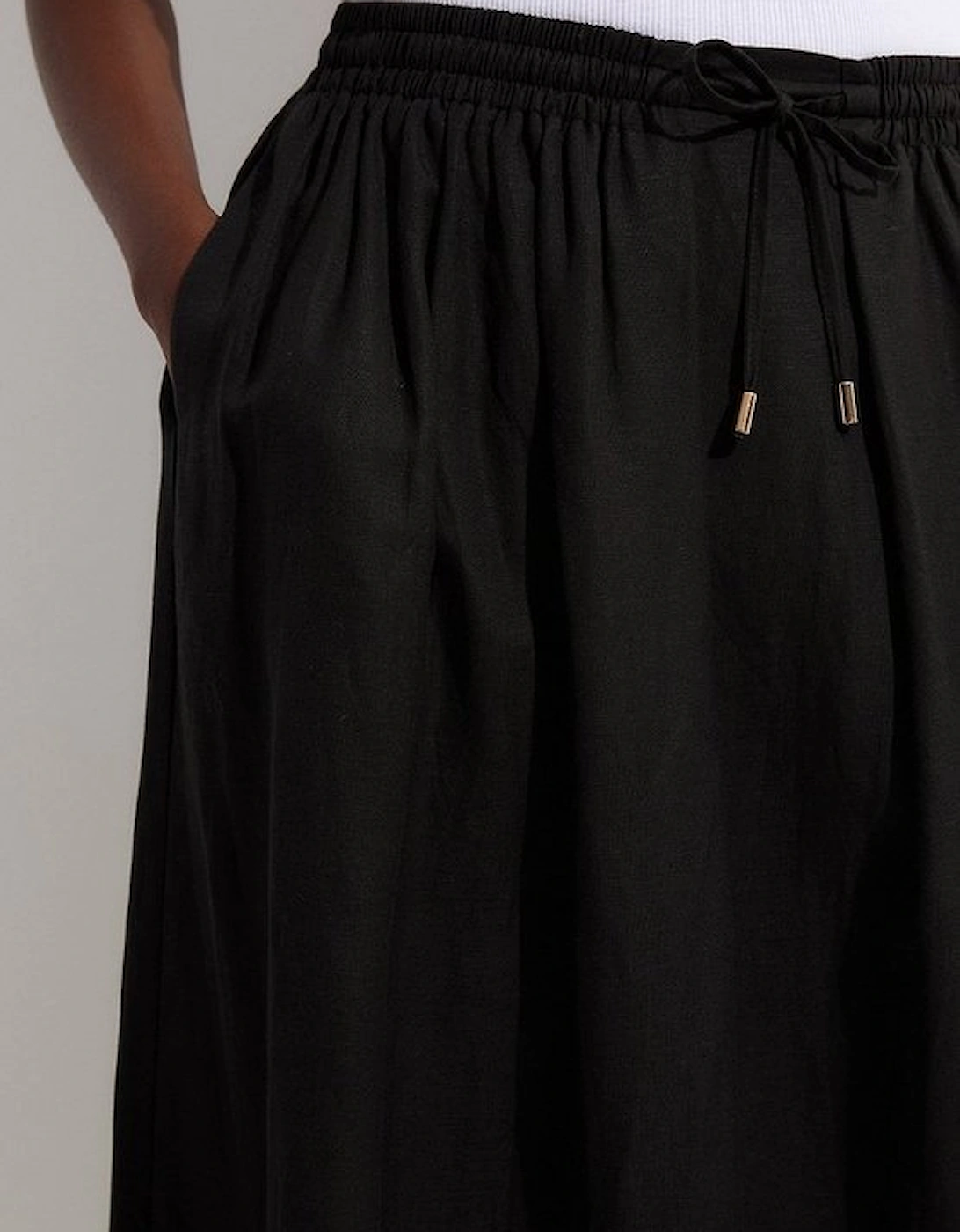 Viscose Linen Tie Waist Woven Full Midi Skirt