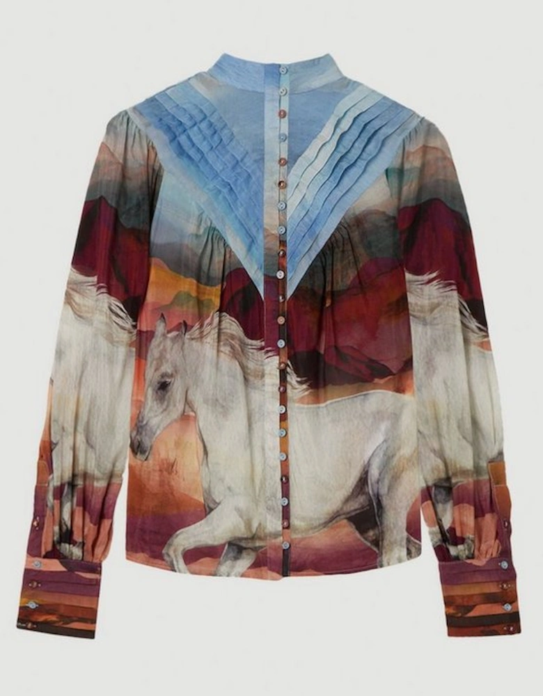 Silk Cotton Stallion Print Pintuck Woven Blouse