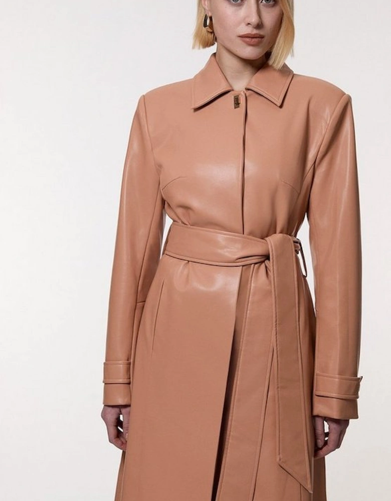 Faux Leather Clasp Detail Clean Tailored Trench Coat