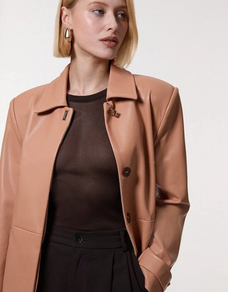 Faux Leather Clasp Detail Clean Tailored Trench Coat