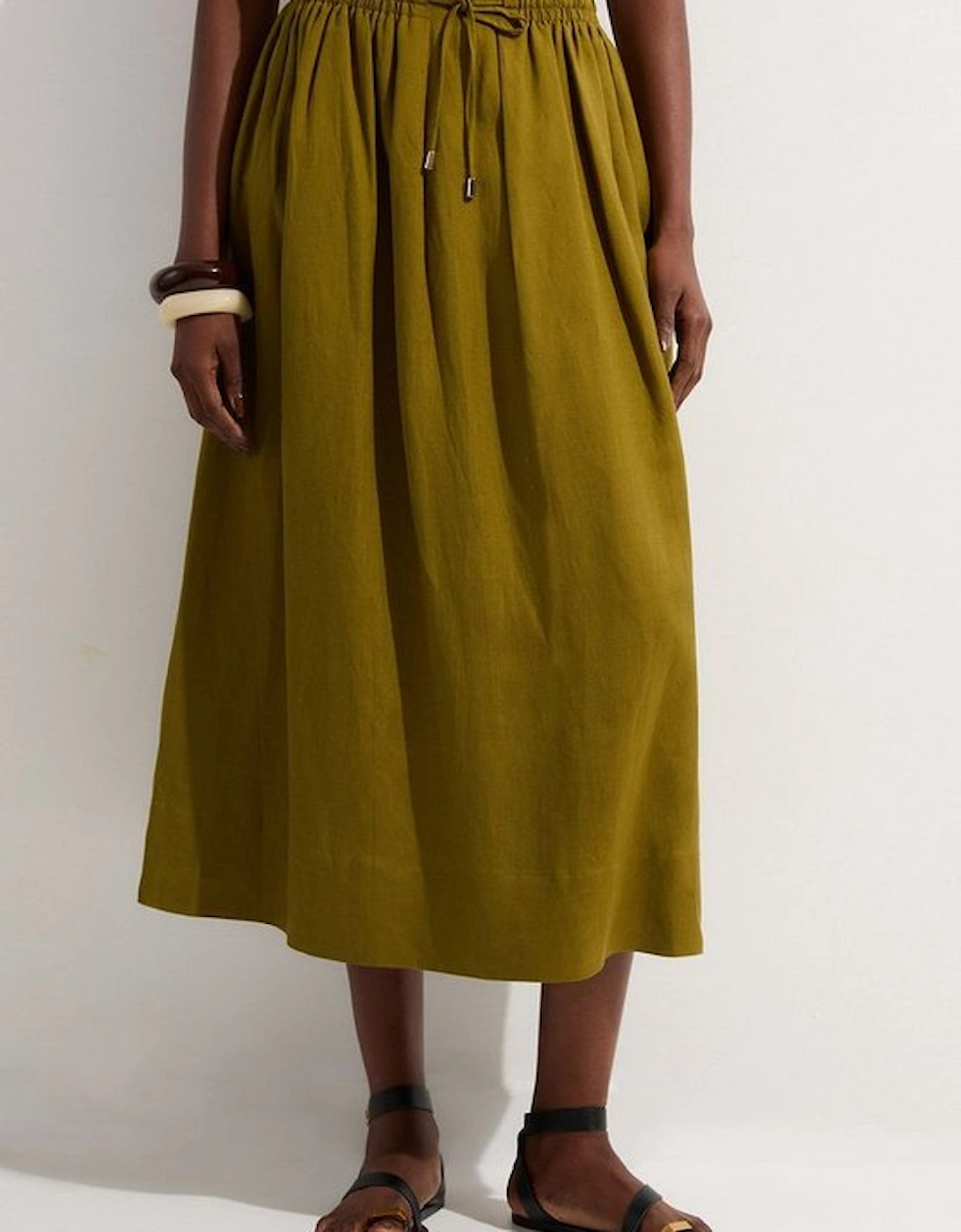 Viscose Linen Tie Waist Woven Full Midi Skirt