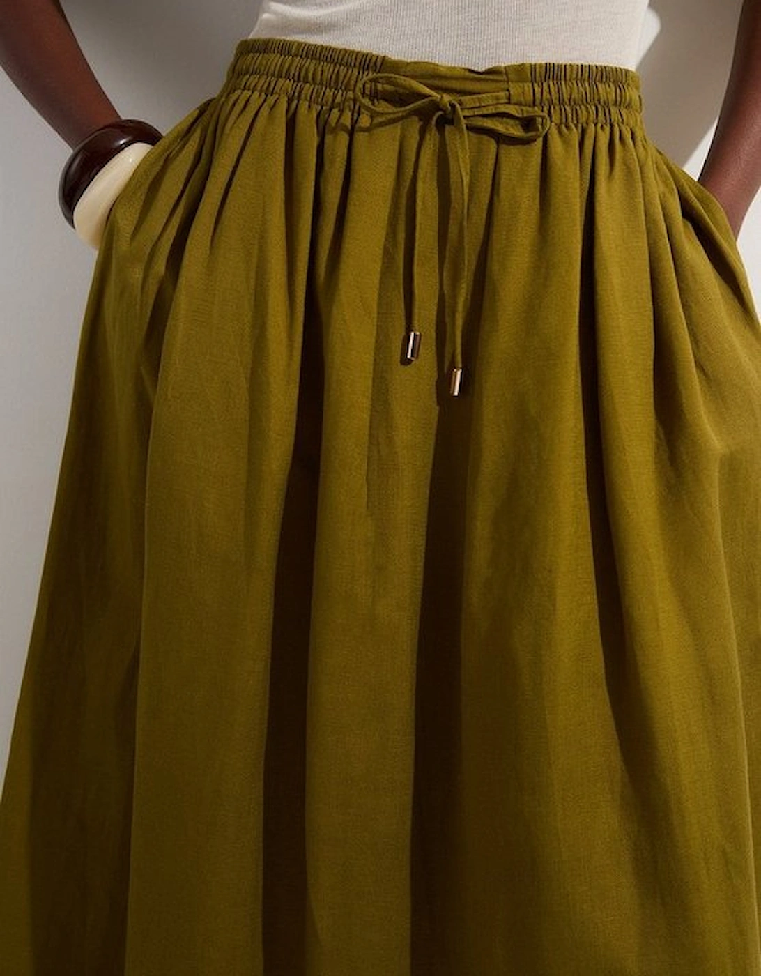 Viscose Linen Tie Waist Woven Full Midi Skirt