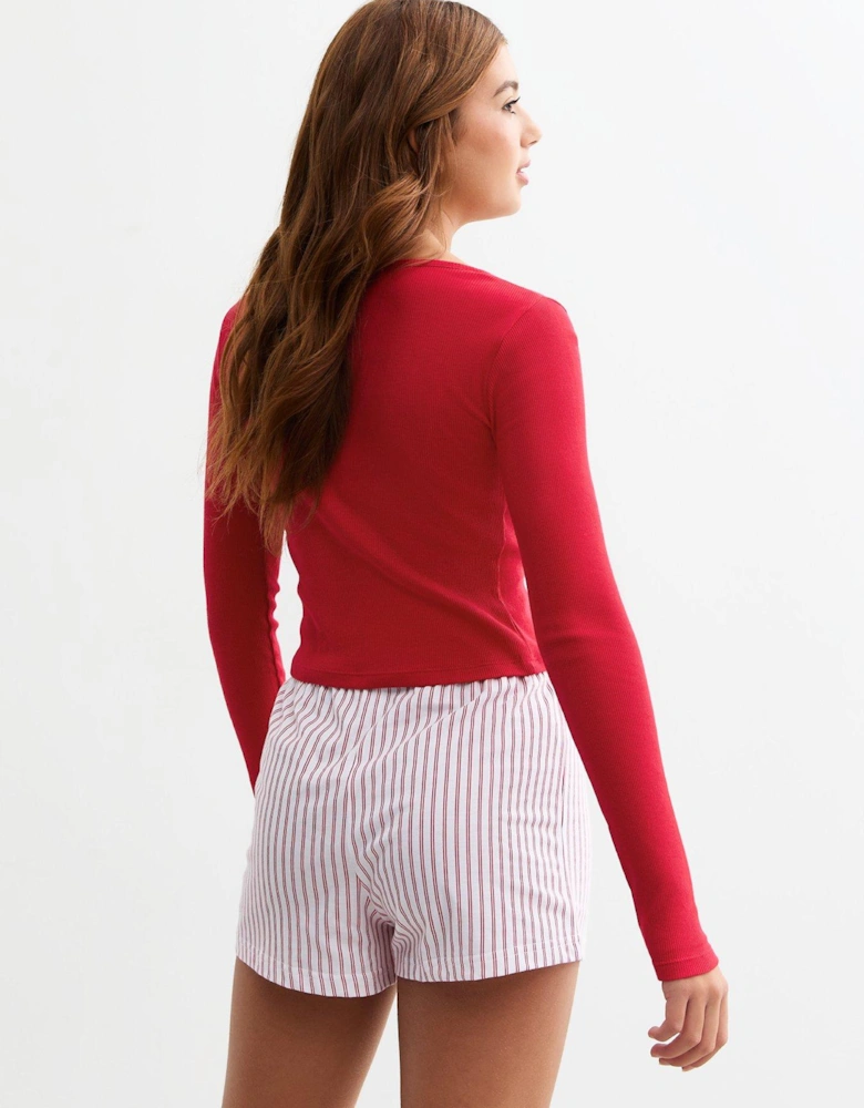 Girls Red Top And Striped Shorts Pyjamas