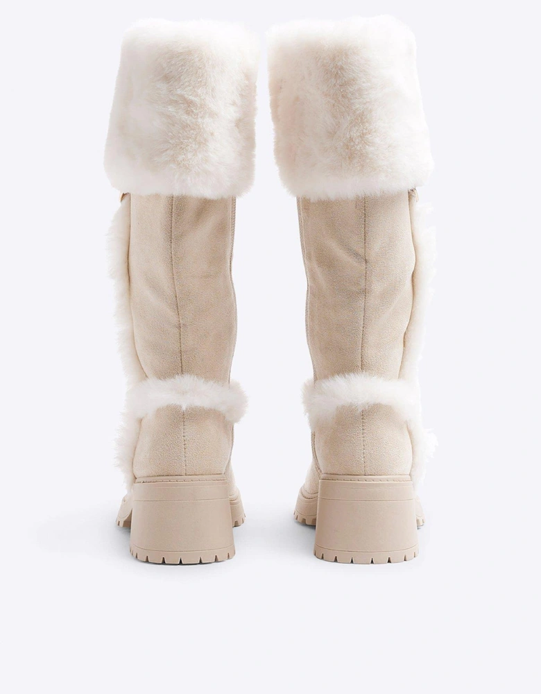 Older Girl Suedette Faux Fur Knee High Boots - Beige