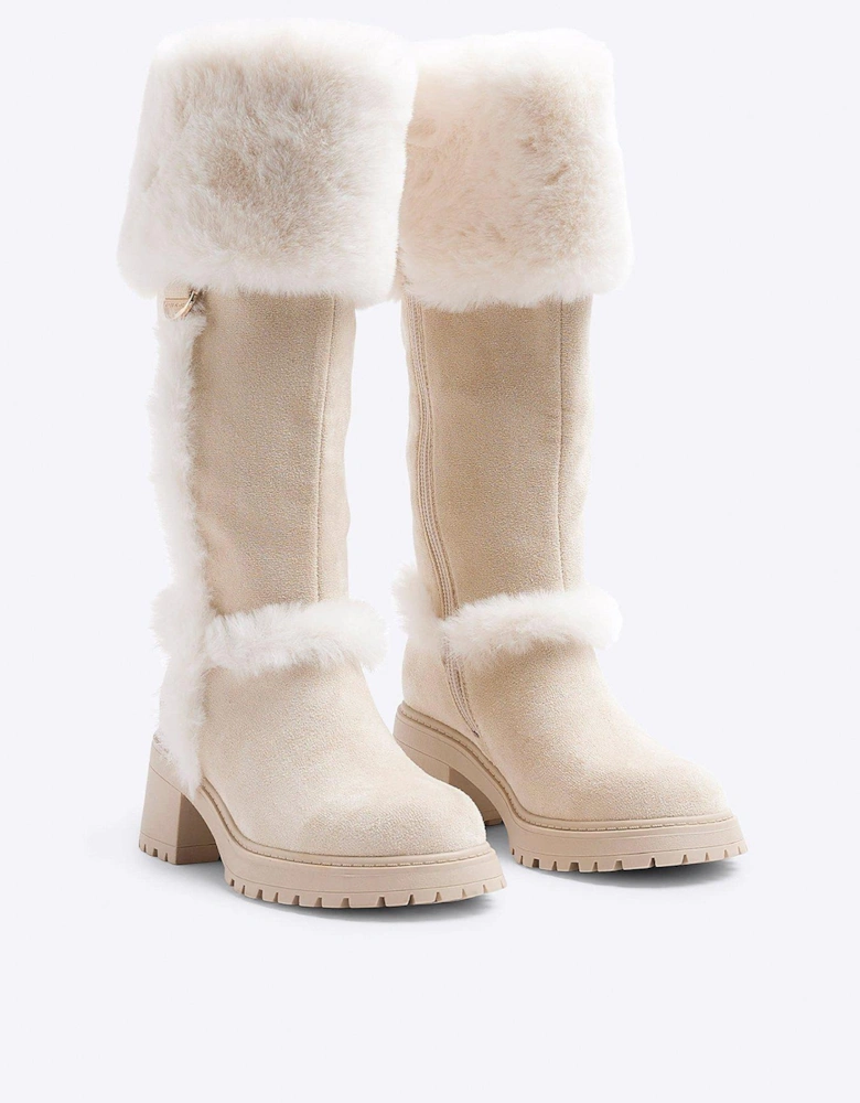 Older Girl Suedette Faux Fur Knee High Boots - Beige