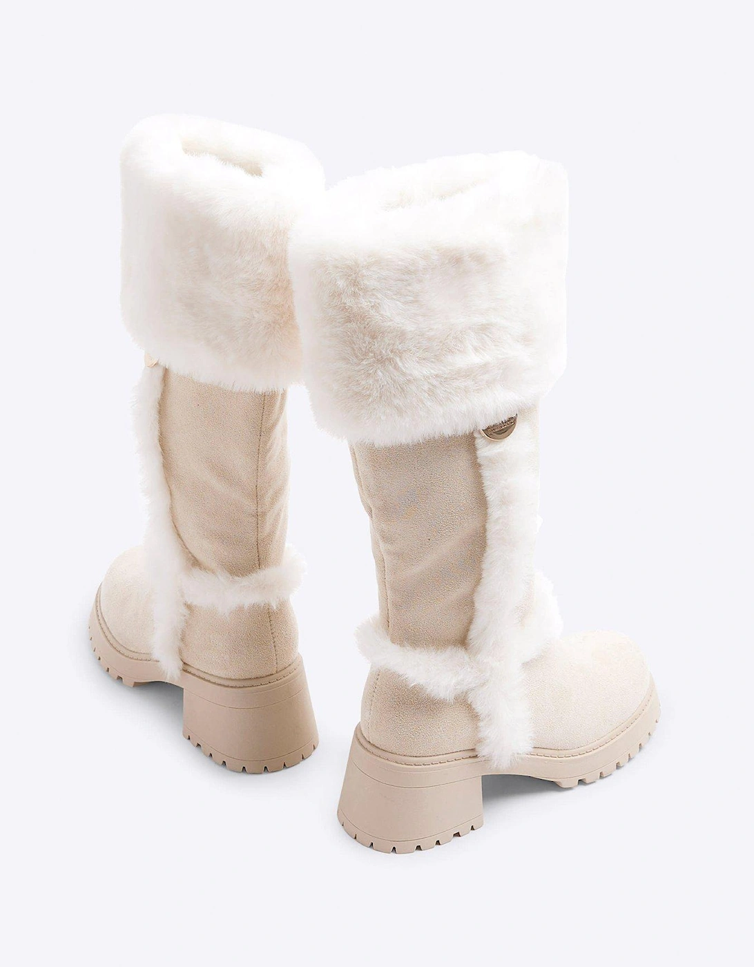 Older Girl Suedette Faux Fur Knee High Boots - Beige