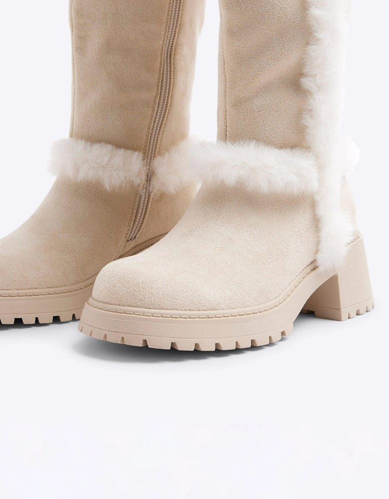 Older Girl Suedette Faux Fur Knee High Boots - Beige