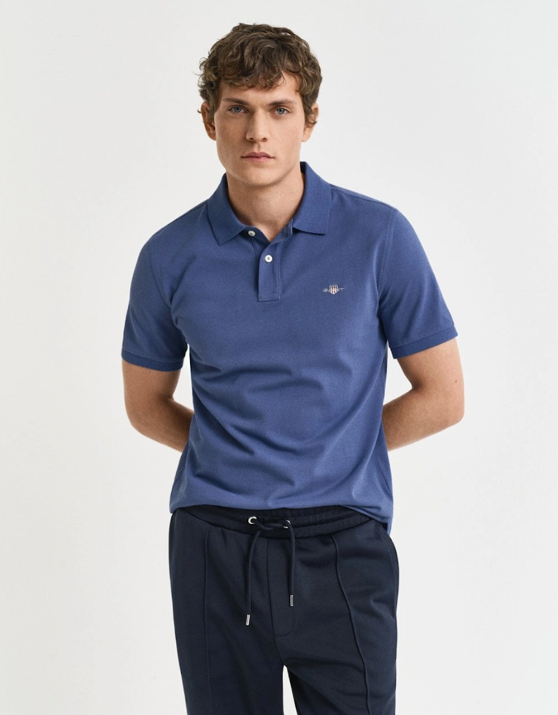Gant Men's Blue Regular Fit Short Sleeve Shield Logo Pique Polo - - : 42/Regular Xl