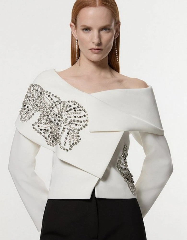 Placed Floral Crystal Embellished Tailored Asymmetric Jacket