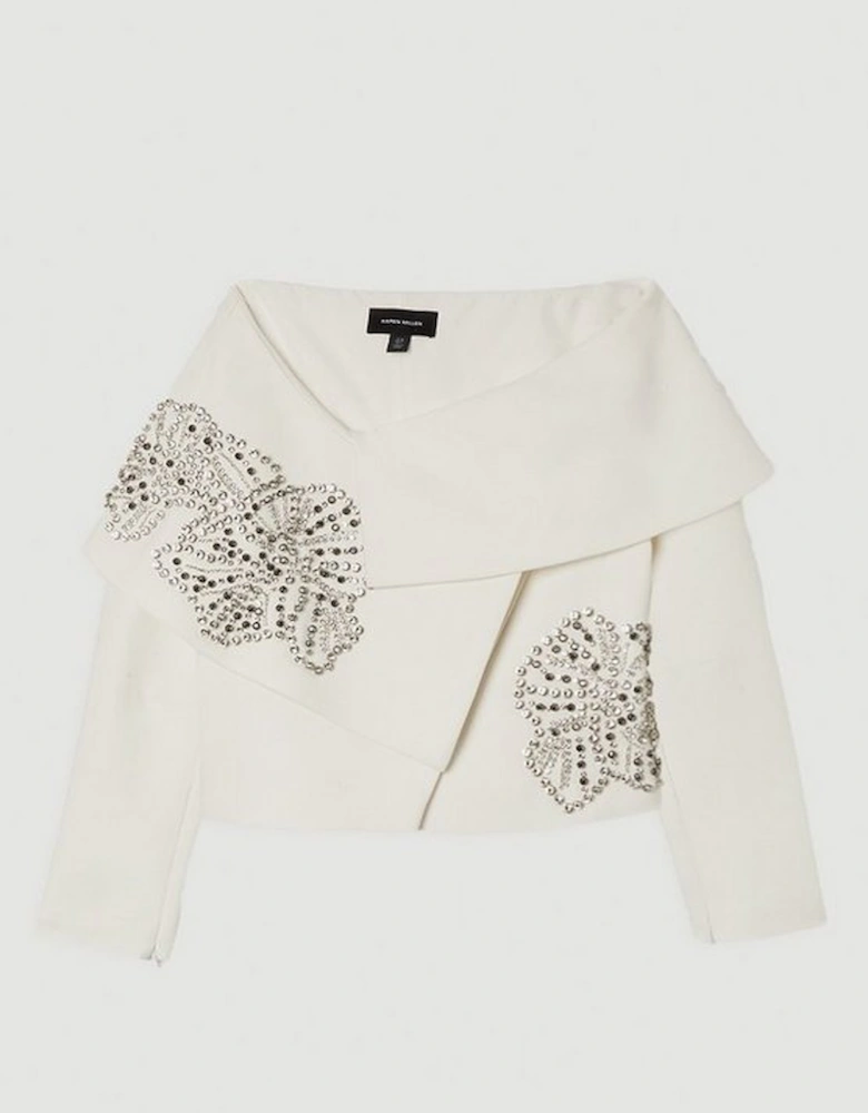 Placed Floral Crystal Embellished Tailored Asymmetric Jacket