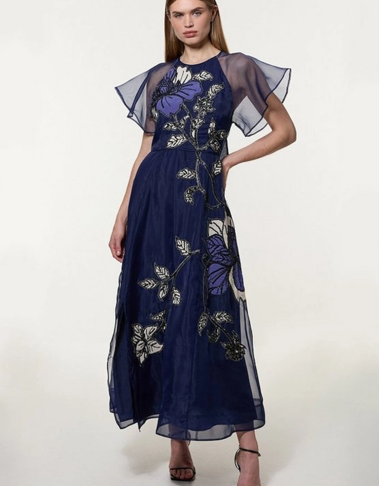 Short Sleeve Floral Applique Organdie Woven Maxi Dress