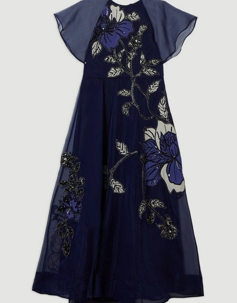 Short Sleeve Floral Applique Organdie Woven Maxi Dress