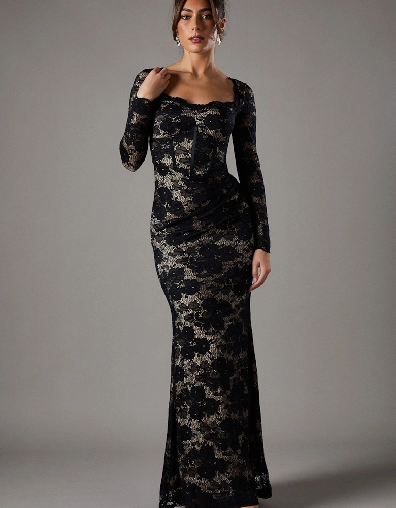 Lace Maxi Dress With Square Neck & Long Sleeve