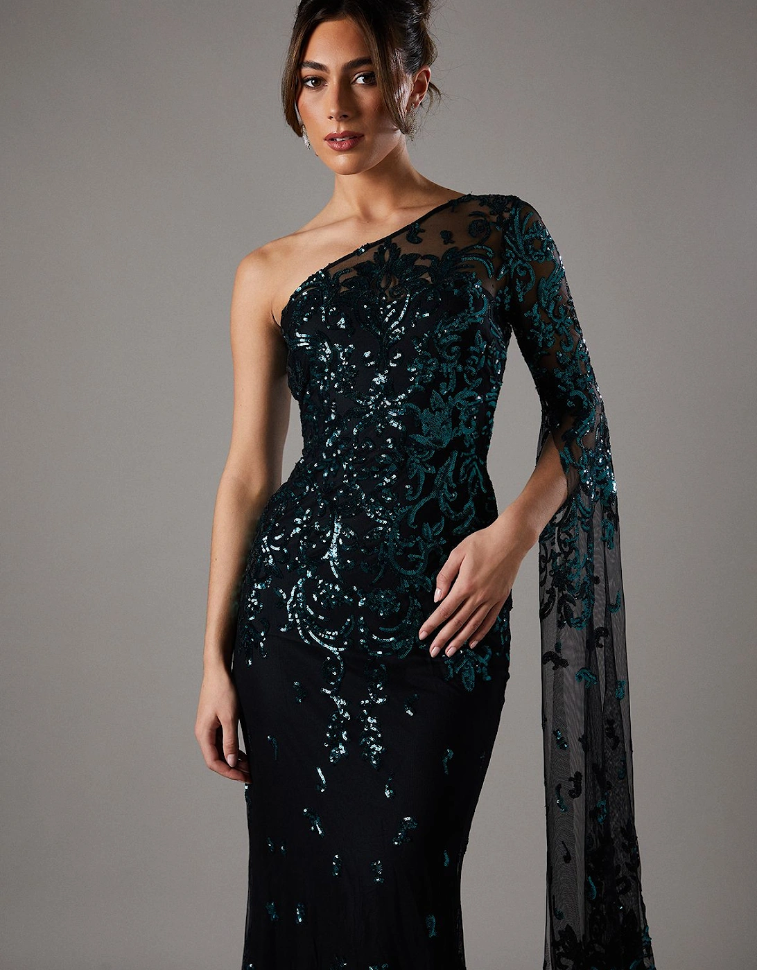 One Shoulder Maxi Dress In Lace With Cape Sleeve, 4 of 3