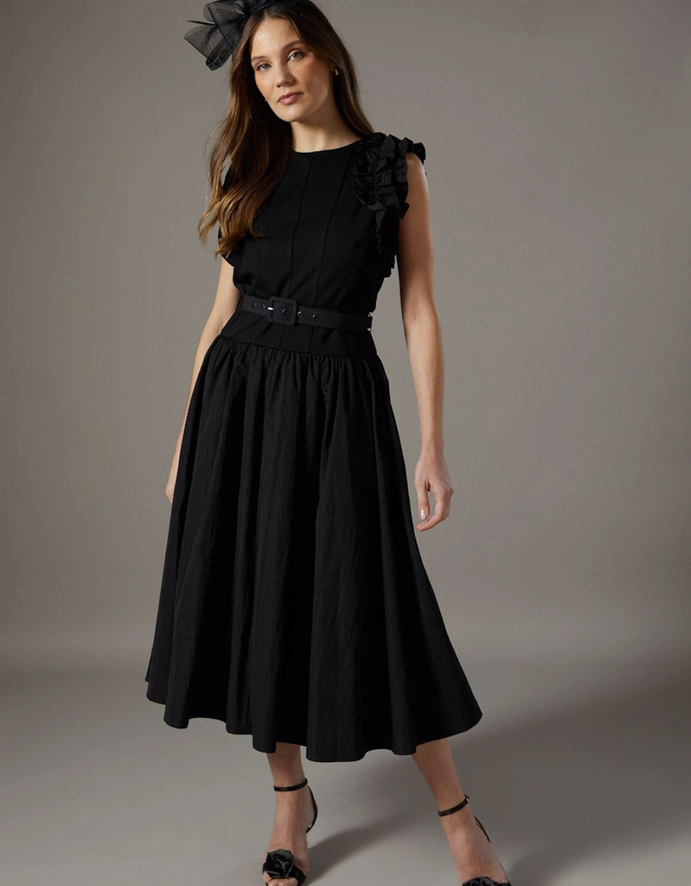 Taffeta Ruffle Belted Dress