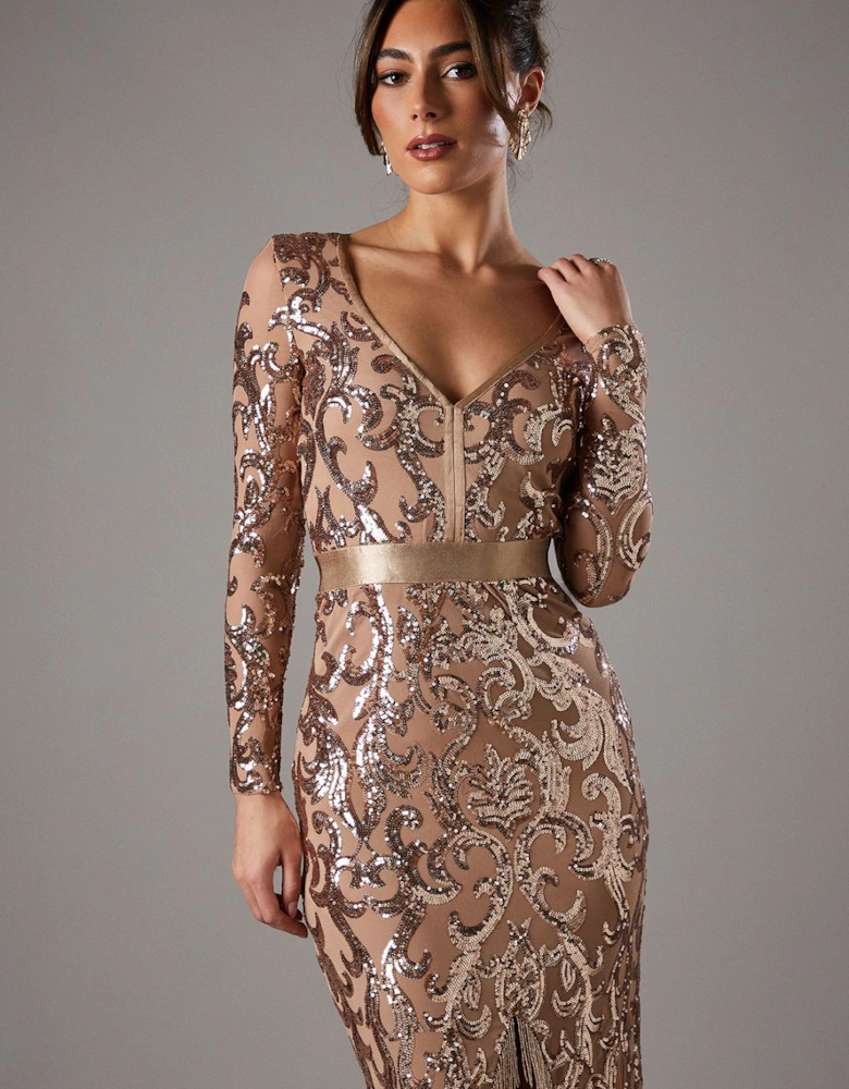 V Neck Maxi Dress In Sequin Lace With Embellishment Trim