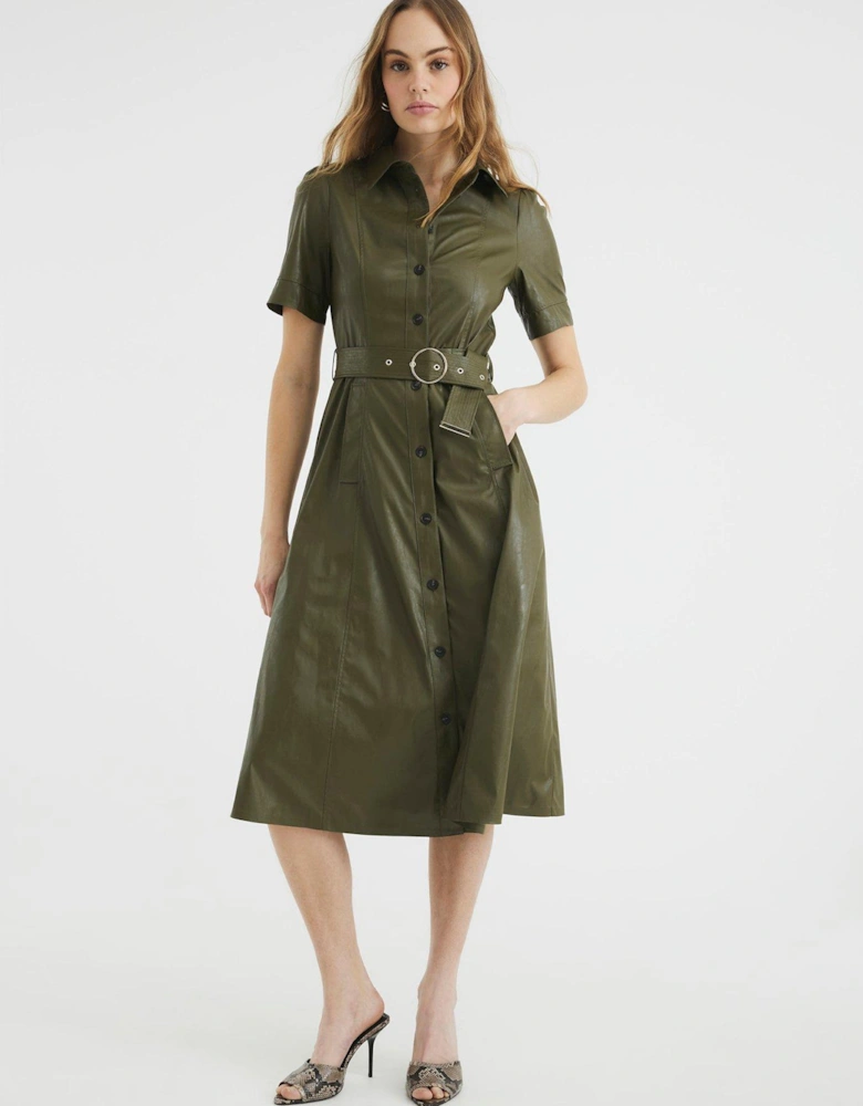 PU Shirt Midi Dress - Khaki