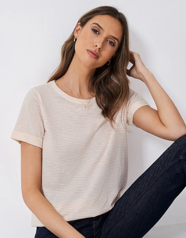 Women's Stripe Crew Neck Slub T-Shirt Peach White