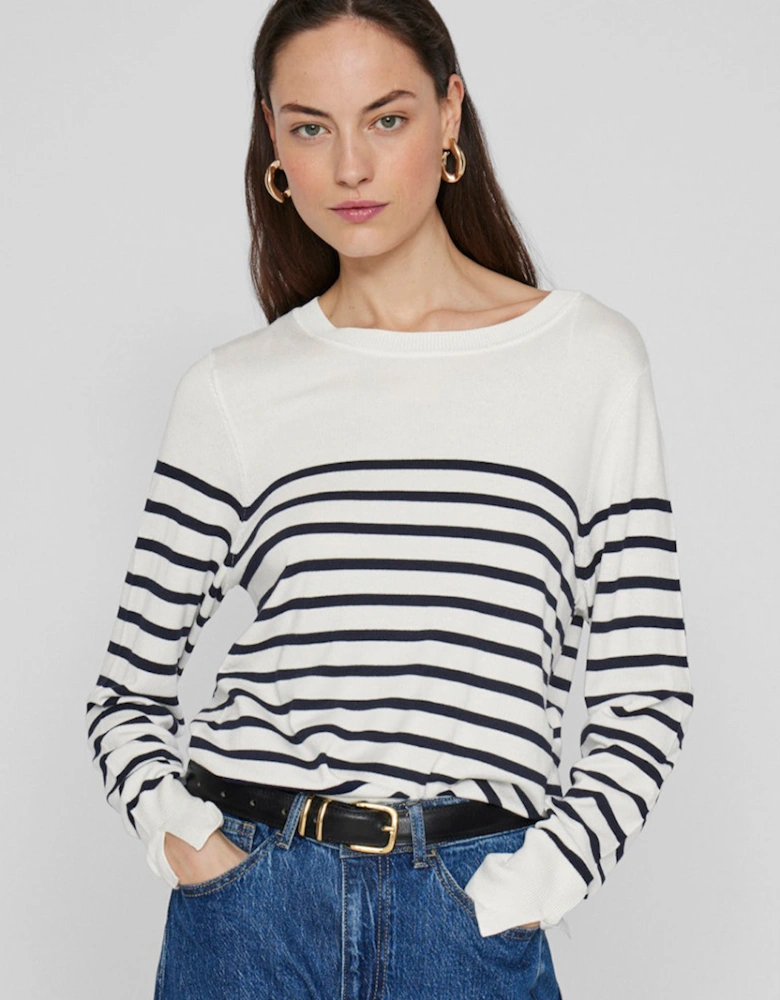 Wennie O-neck Long Sleeve Knit Top Cloud Dancer/Navy Blazer Stripe