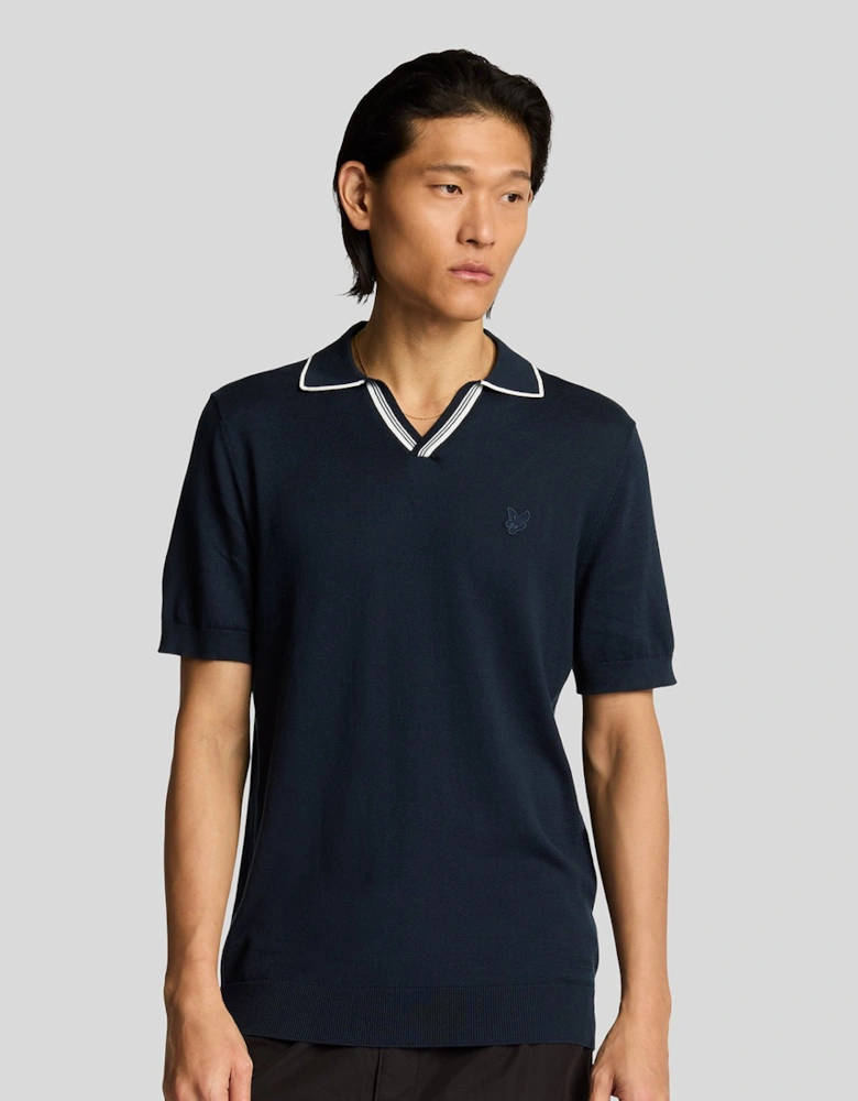 Tipped Knitted Open Collar Polo Shirt