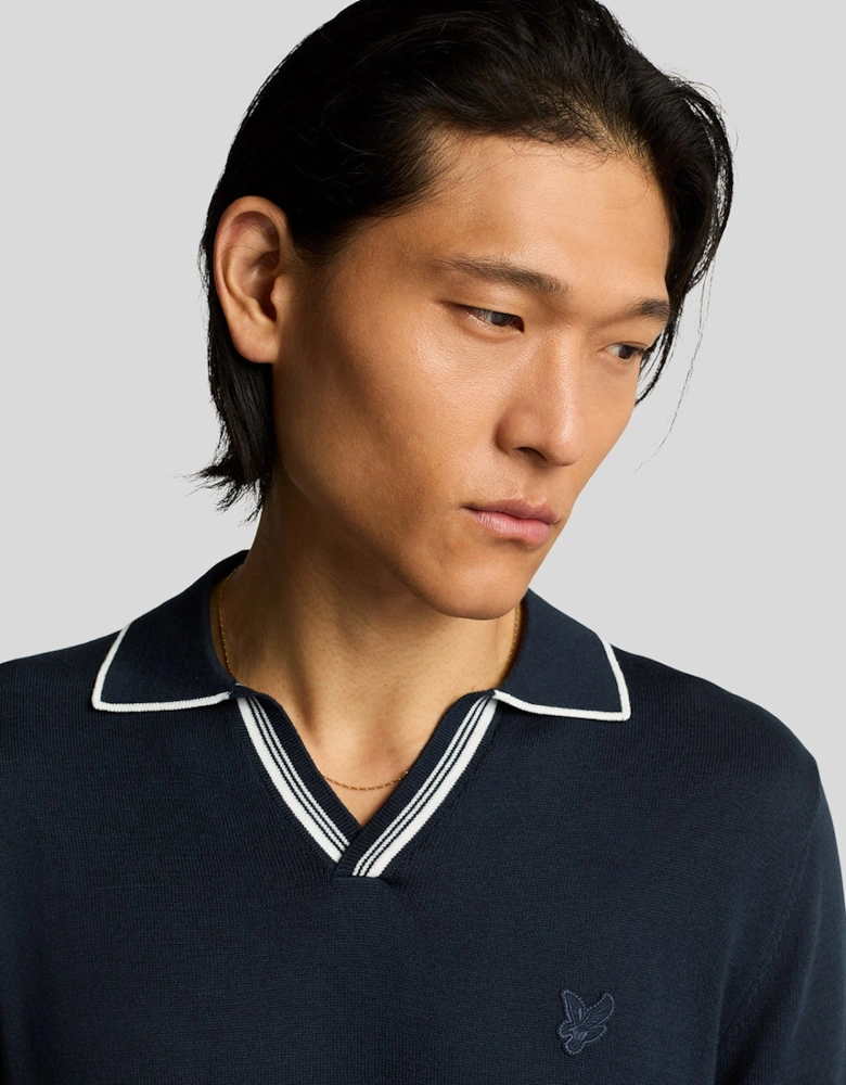 Tipped Knitted Open Collar Polo Shirt