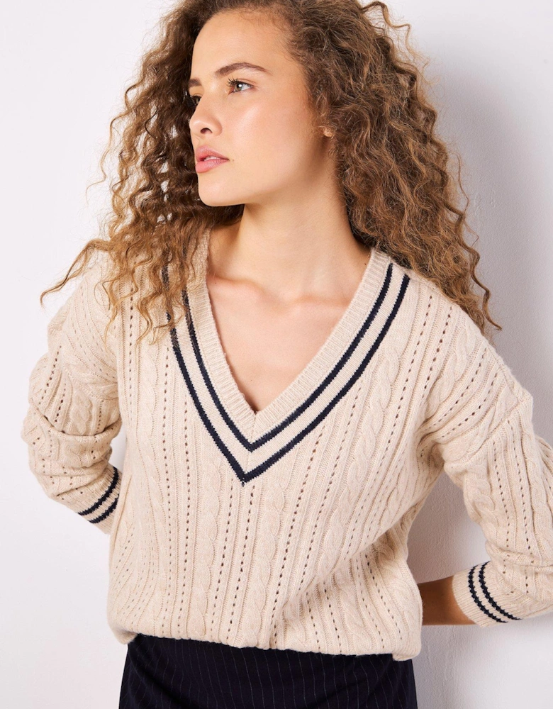 Stripe Detail Cricket Jumper - Stone - Beige