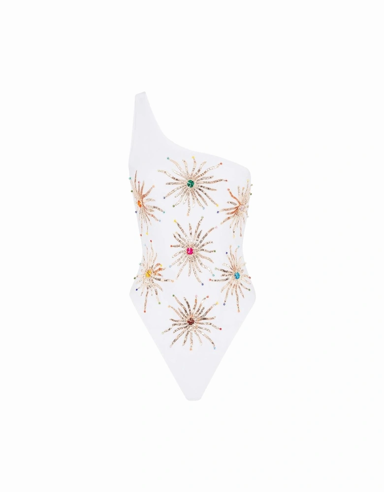 Callie One Shoulder Hand Embroidered swimsuit White