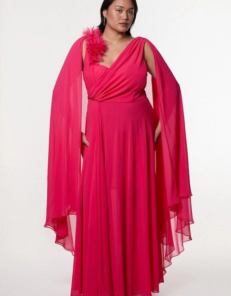 Plus Size Georgette Pleated Bustier Cape Back Woven Maxi Dress