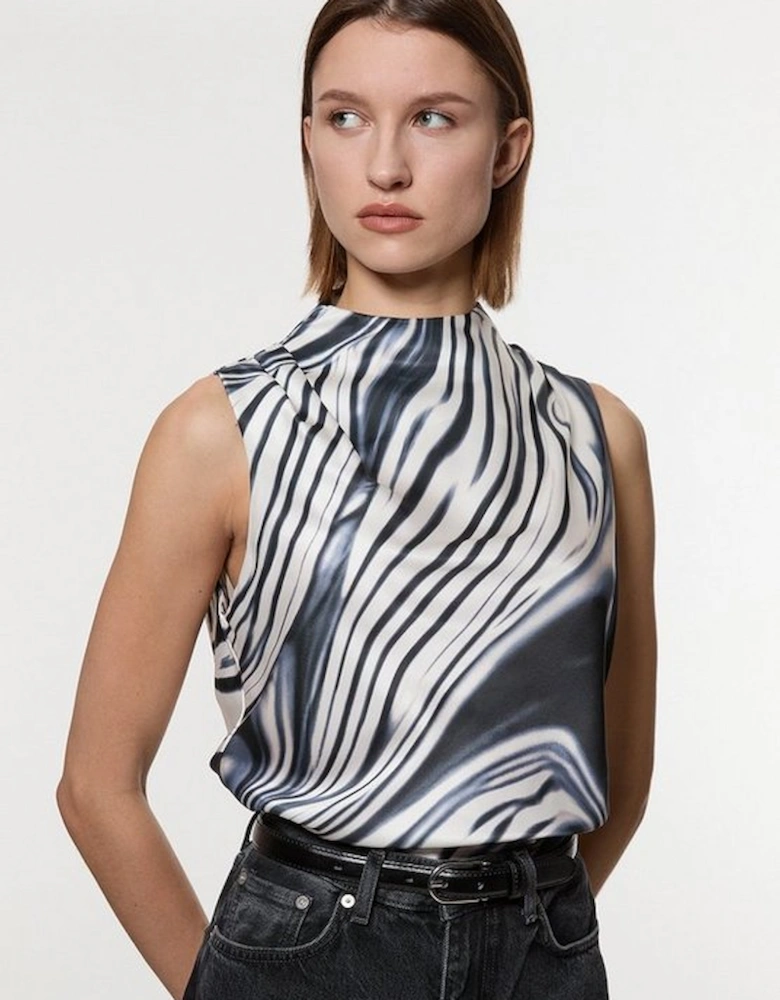 Graduated Stripe Viscose Satin Sleeveless High Neck Blouse