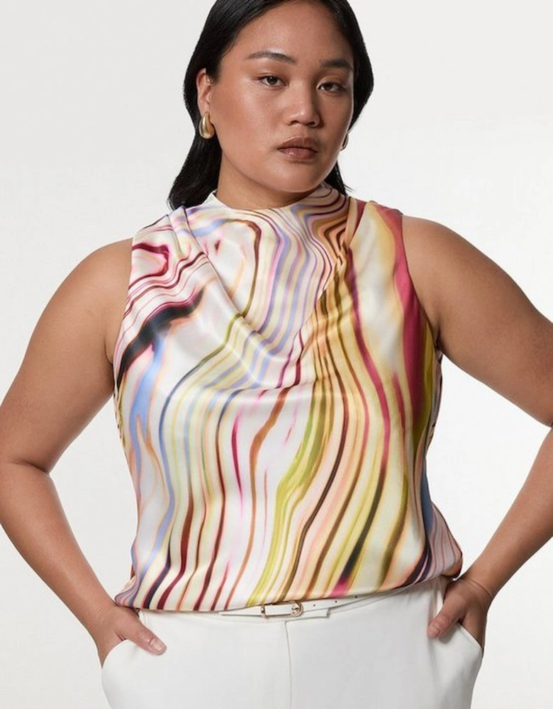 Plus Size Graduated Stripe Viscose Satin Sleeveless High Neck Blouse