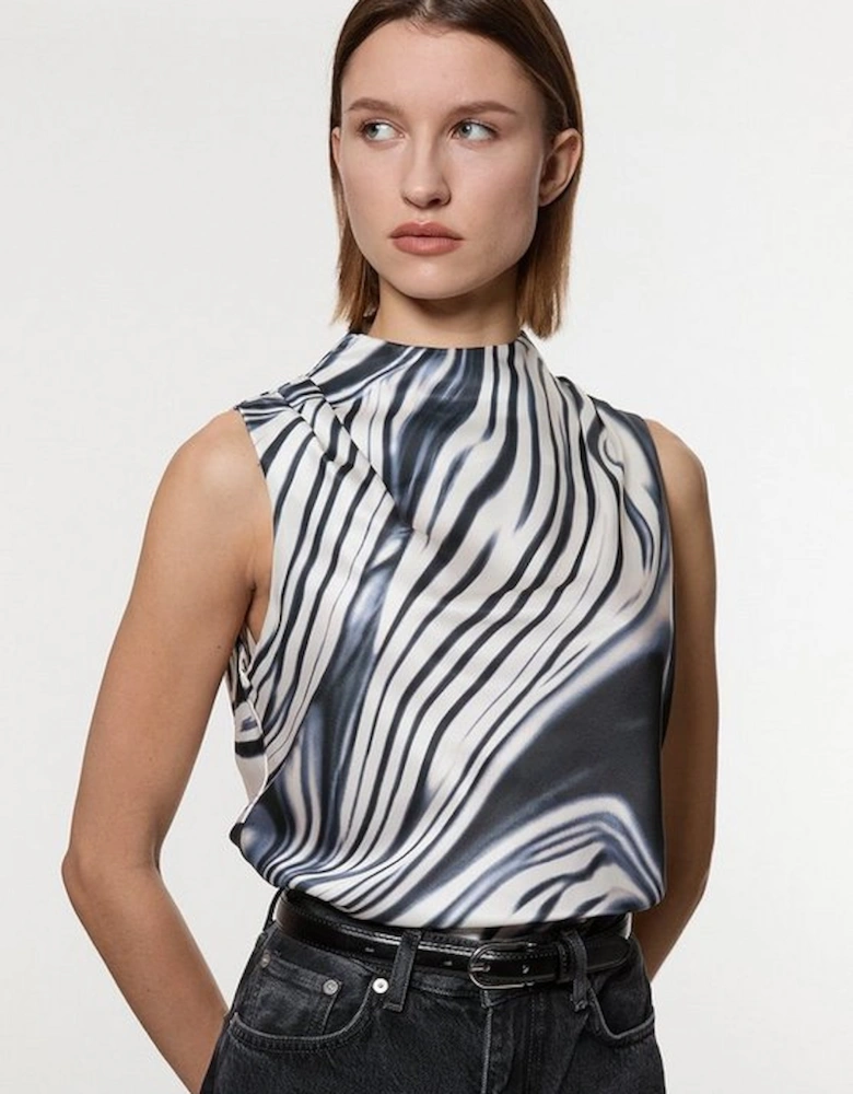 Tall Graduated Stripe Viscose Satin Sleeveless High Neck Blouse