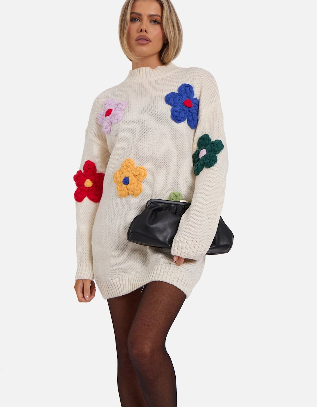 Cream Floral Appliqué High Neck Oversized Jumper