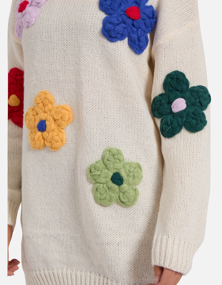 Cream Floral Appliqué High Neck Oversized Jumper