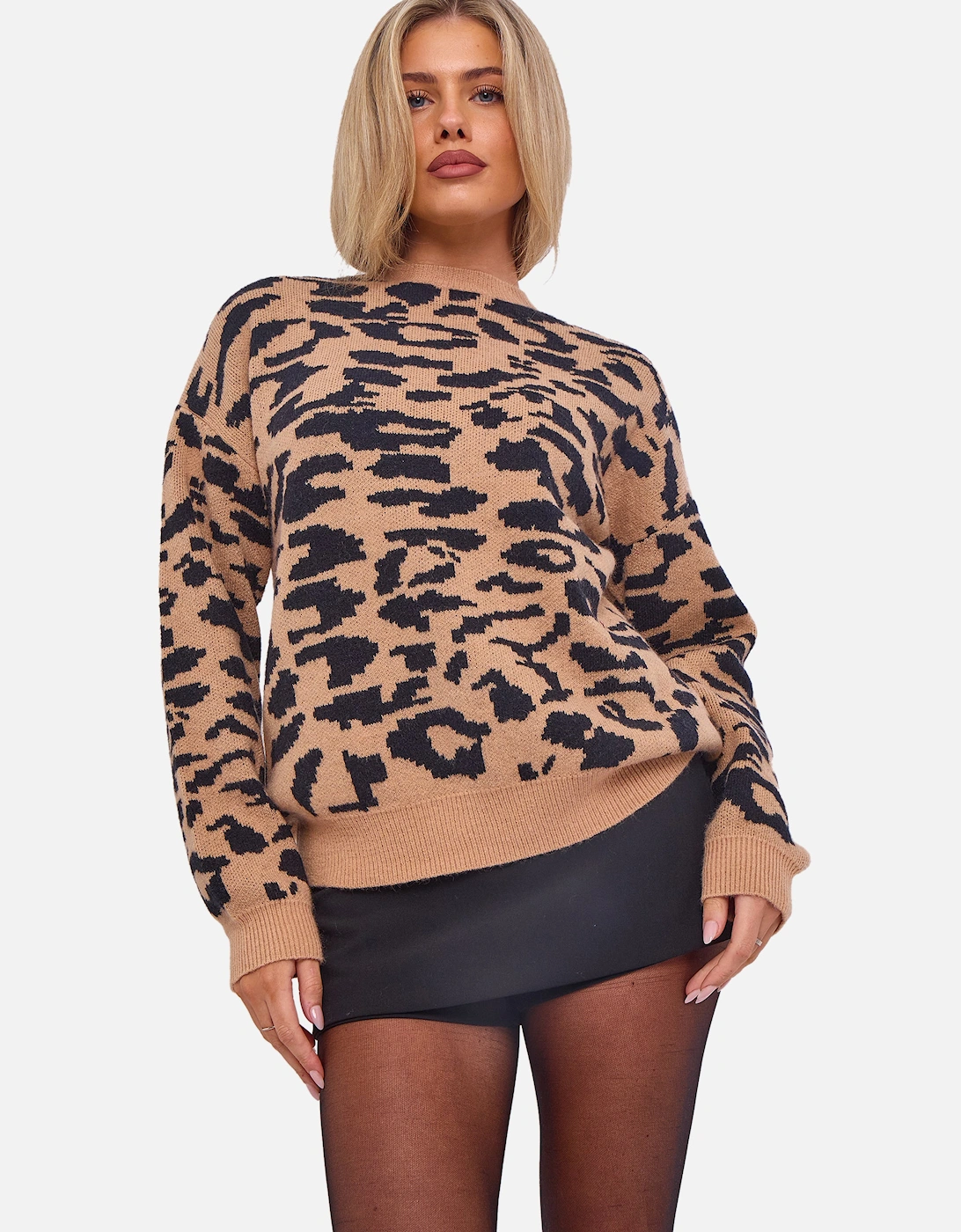 Gini London Women's Camel Animal Print Crew Neck Knit Jumper - Brown - Size: 12/14