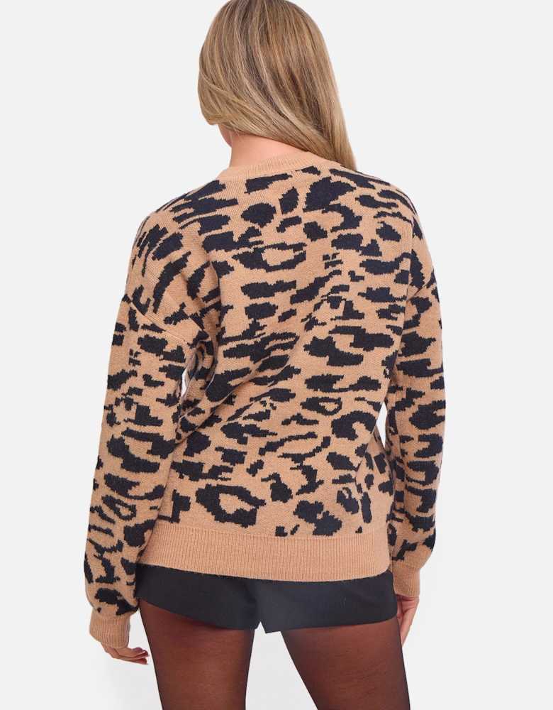 Camel Animal Print Crew Neck Knit Jumper