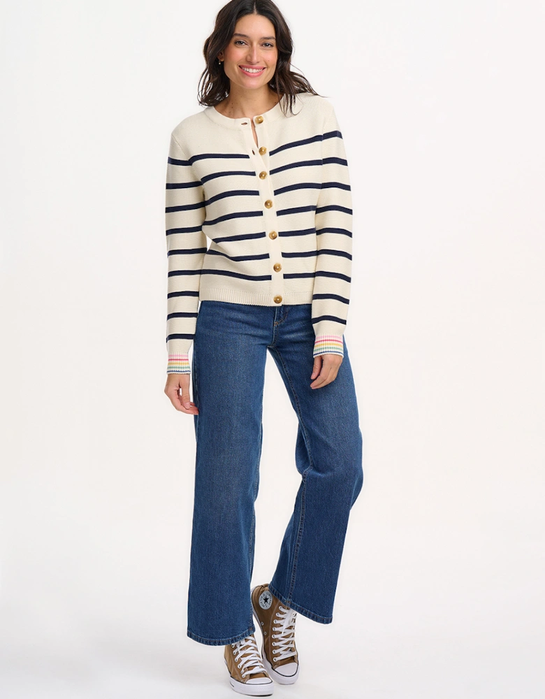 Anessa Cardigan Off-white/Navy Classic Stripe with Rainbow Cuffs