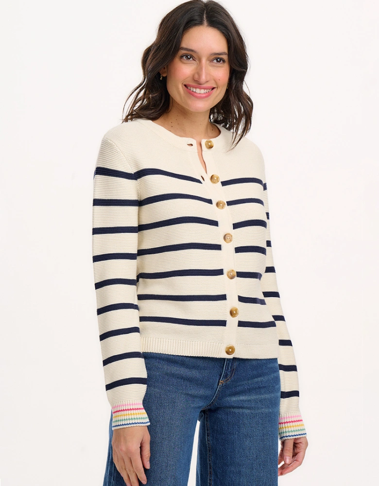 Anessa Cardigan Off-white/Navy Classic Stripe with Rainbow Cuffs