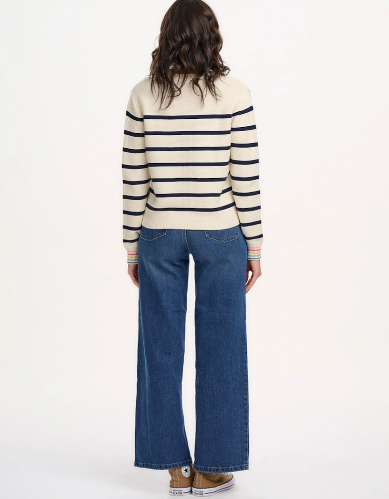 Anessa Cardigan Off-white/Navy Classic Stripe with Rainbow Cuffs